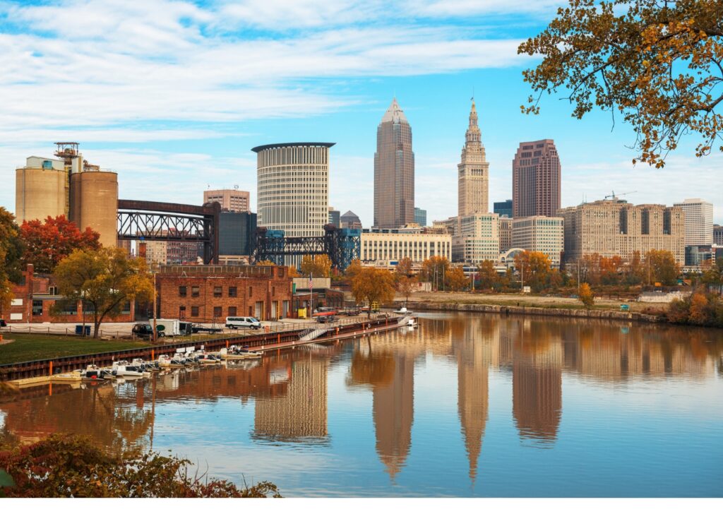 Fall foliage along the Cuyahoga River in downtown Cleveland