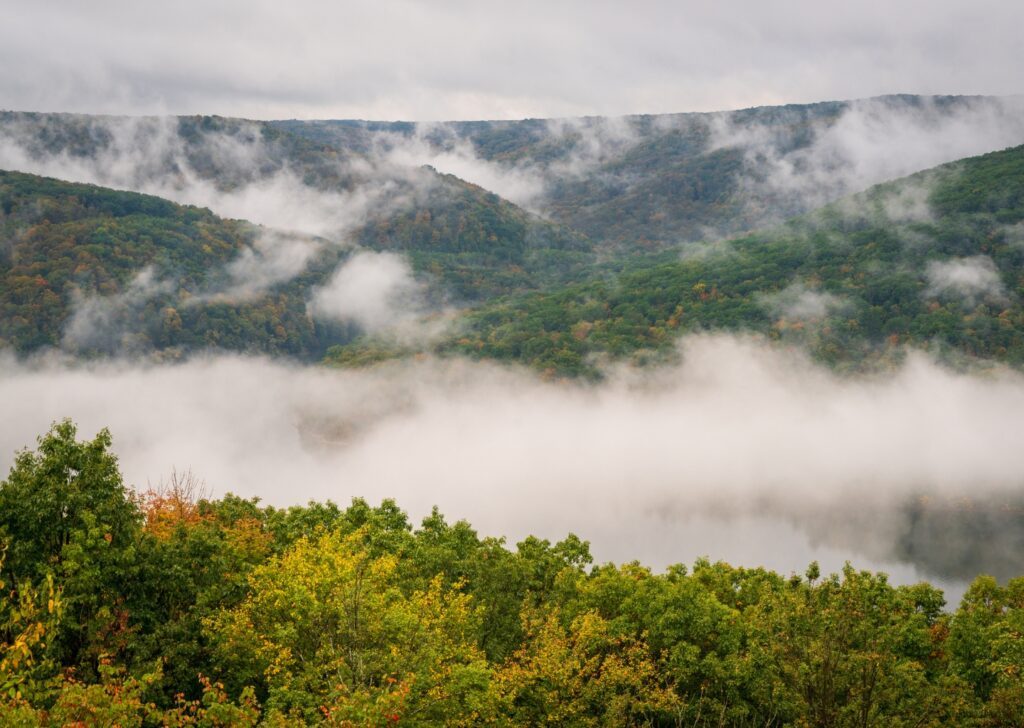 Autumn view of a Pennsylvania forest with rolling hills and morning mist