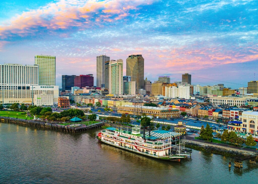 Early morning view of the Mississippi River from the French Quarter in New Orleans