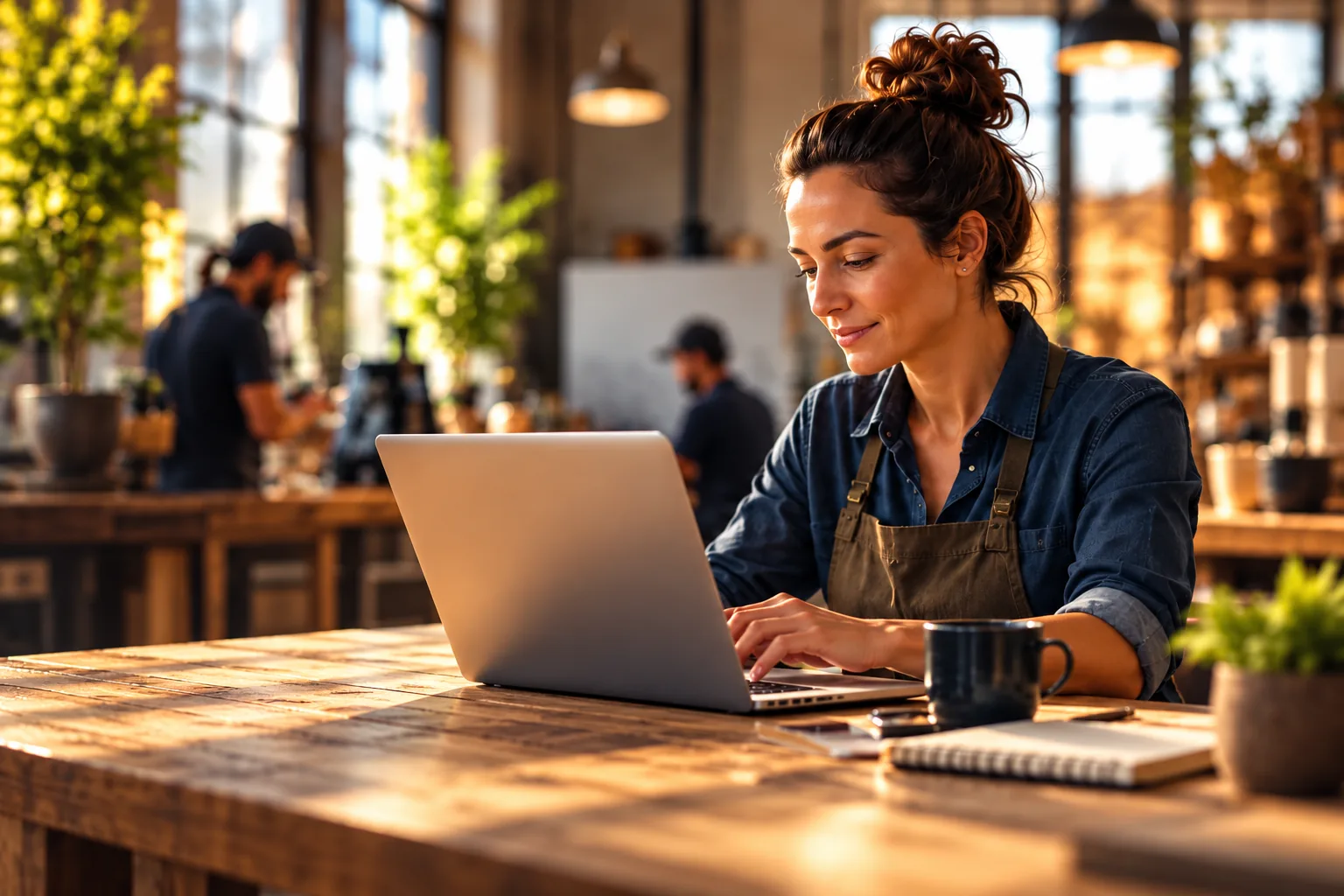 Business owner in a work apron smiling as she works on a laptop at a wooden table in her shop
