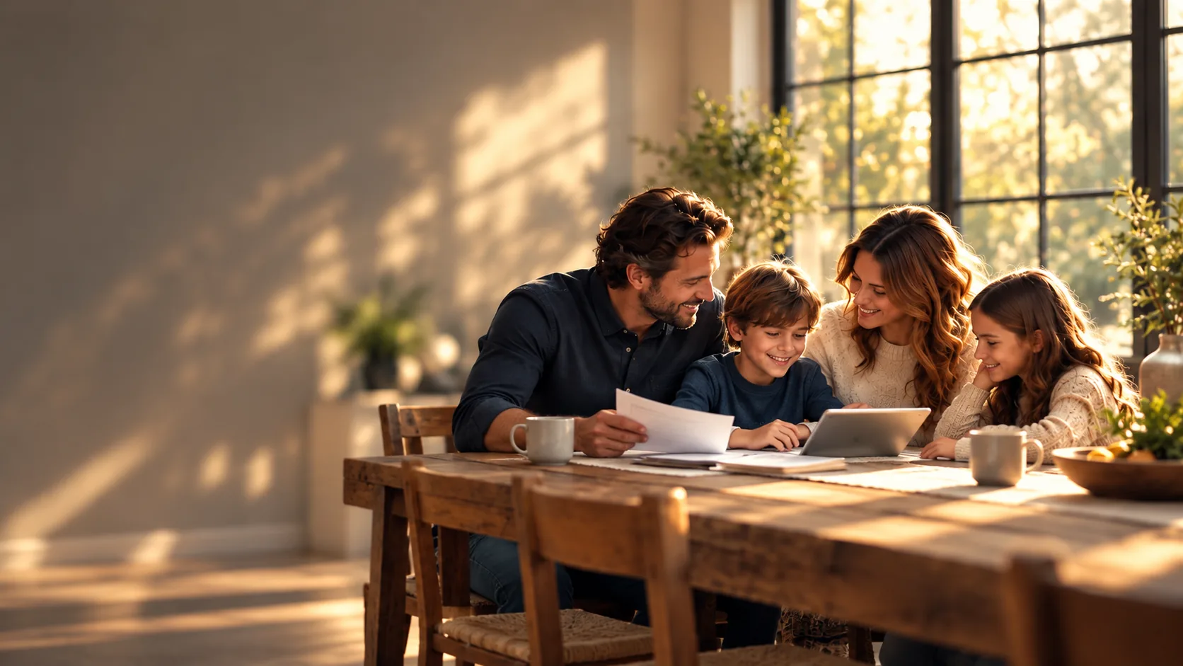 Parents and two children smiling around a sunlit wooden dining table, reviewing papers and a tablet together